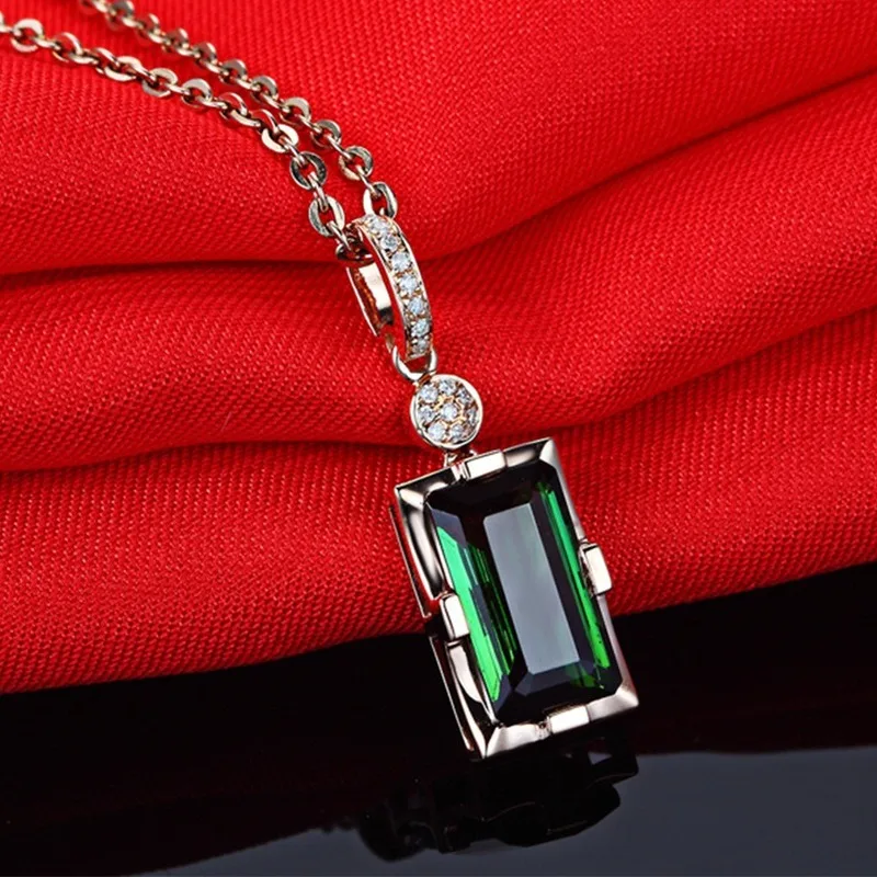 

18k Rose Gold Color Natural Emerald Pendant Necklace For Women Rectangle Cut Green Tourmaline Gemstone Pendant Jade Fine Jewelry