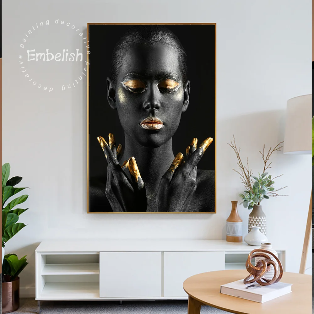 

African Woman With A Gold Lips Wall Art Canvas Paintings Modern Black Girl Art Poster Decor Canvas Prints For Living Room