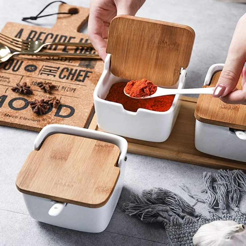 

Ceramic Sugar Bowls Set for Sugar Serving Spice Salt with Spoons and Bamboo Lids Square Porcelain Condiment Jar Spice Container