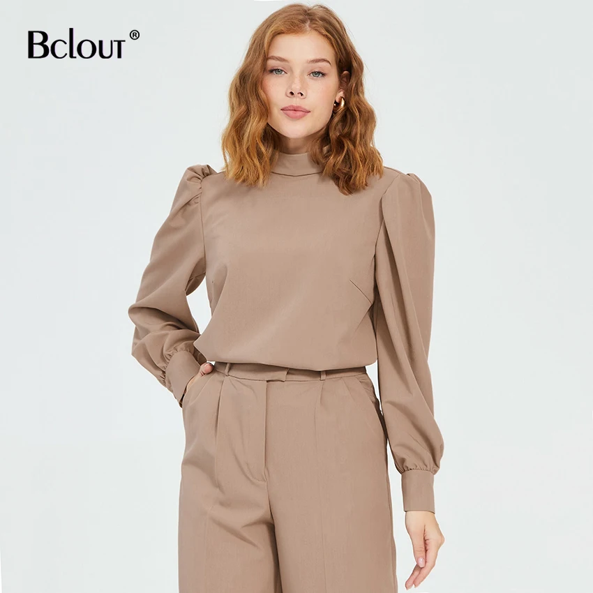 

Bclout Khaki Turtleneck Lantern Sleeve Elegant Blouses Office Ladies Long Sleeve Shirts spring 2022 Casual Buttons Pullover Tops