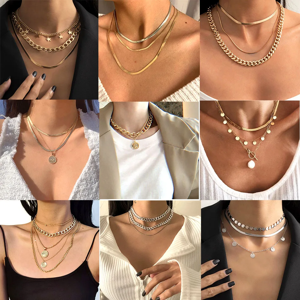 

Boho Multilayer Metal Snake Chain Portrait Engraved Coin Butterfly Pendant Gold Thick Clavicle Necklaces Set Girls Jewelry