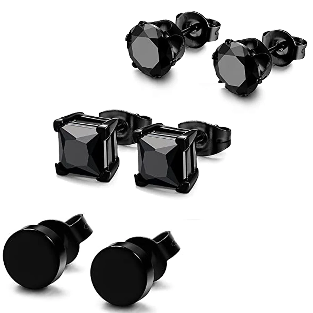 

3 Pairs Stainless Steel Black Stud Earrings for Men Women CZ Earrings 6mm Available