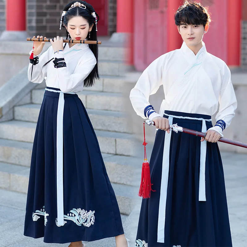 

women's Ancient Dress White Blue Cross collar Ru skirt ancient dress large women's two piece men's suit class suit