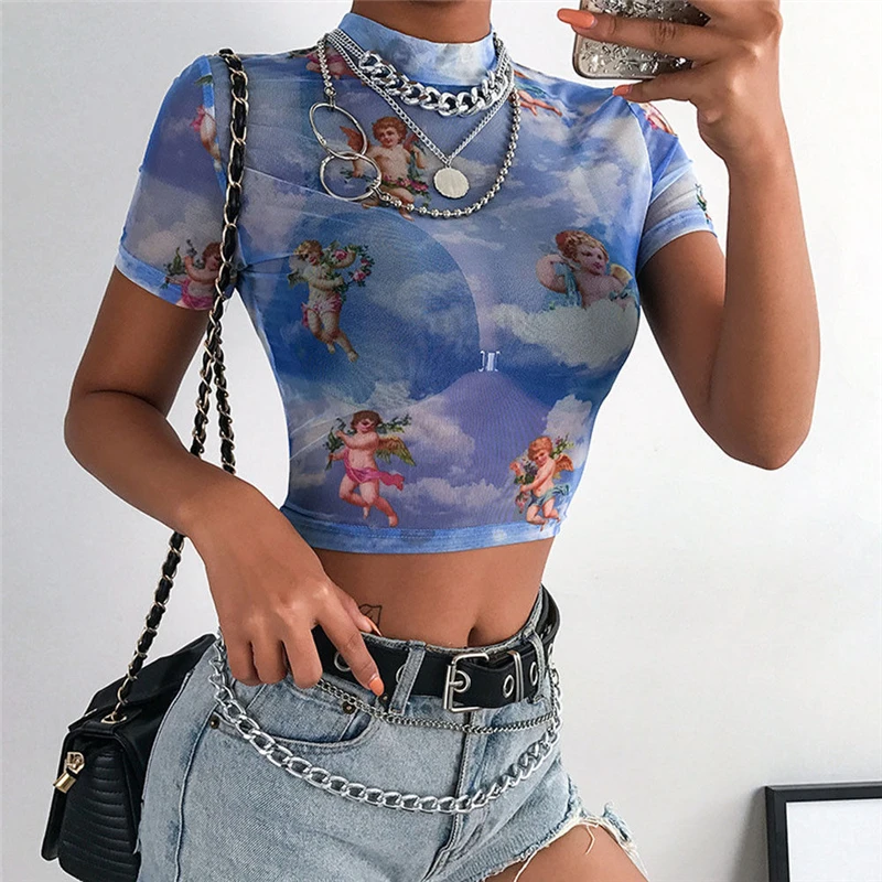 Новая мода сетчатые прозрачные укороченный топ с коротким рукавом высоким