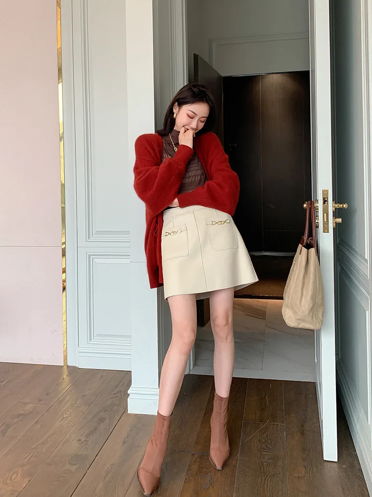 Юбка женская из овечьей кожи модный Джокер с завышенной талией облегающая