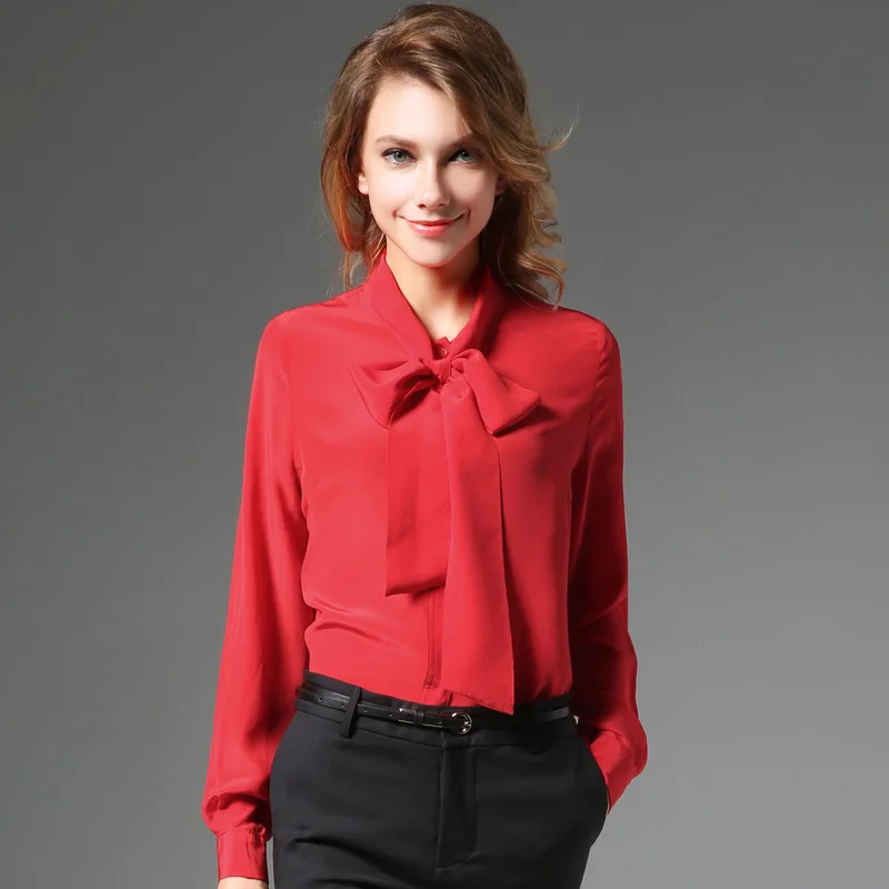 Women's Blouses and Tops Silk red bow tie Office Formal Casual Shirts Plus Large Size Spring Summer Sexy Haut Femme