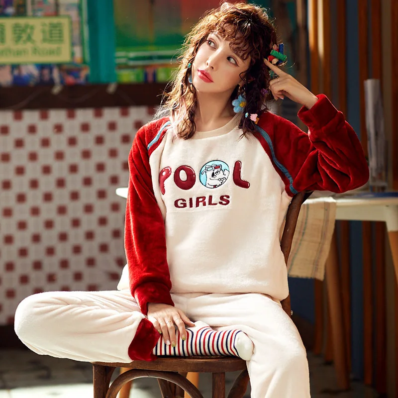 Red-2 Adults Autumn Winter Women Pyjamas Sets Thick Warm Pajamas Suit Flannel Long Sleeve Female Soft Coral Velvet Pants Sleepwear - Цвет: Red-2