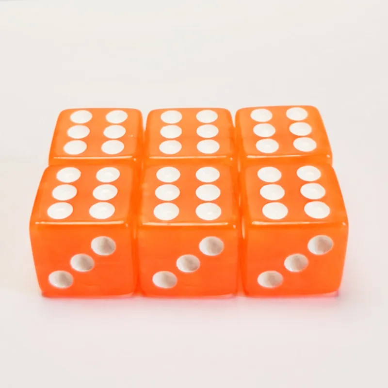 

6PCS 16mm Transparent Orange Acrylic Dice Round Corner White Pip Dices Standard D6 For Board Game and Other Games Accessories