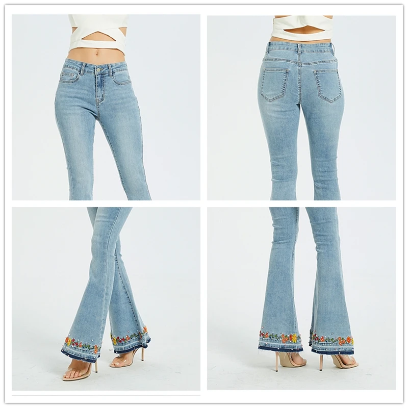 

Spring Autumn Fashion Flare Jeans Women 3D Embroidered Women's Large Size Jeans New Women's Studded Denim Trousers Female K323