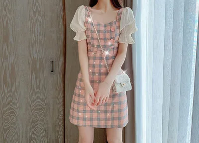 

Summer dress medium-long waist shows thin temperament horn sleeve lattice sequined short-sleeved dress woman