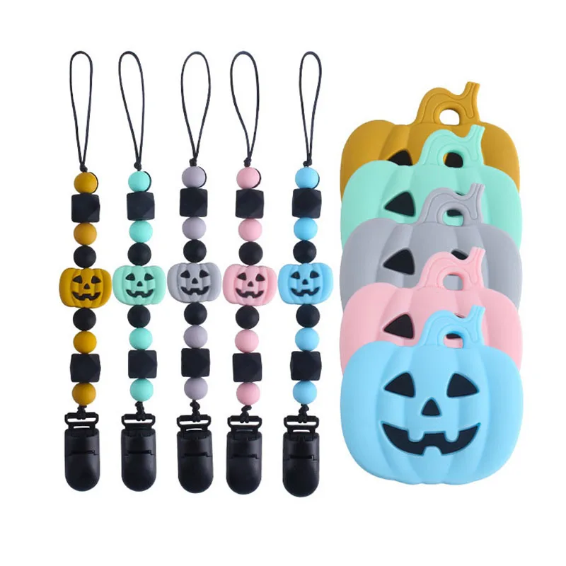 Cadena de chupete de beb&eacute;, chupete de pico de pato, Clip de calabaza de Halloween, mordedor de silicona, juguetes de dentici&oacute;n para beb&eacute;, regalos-0