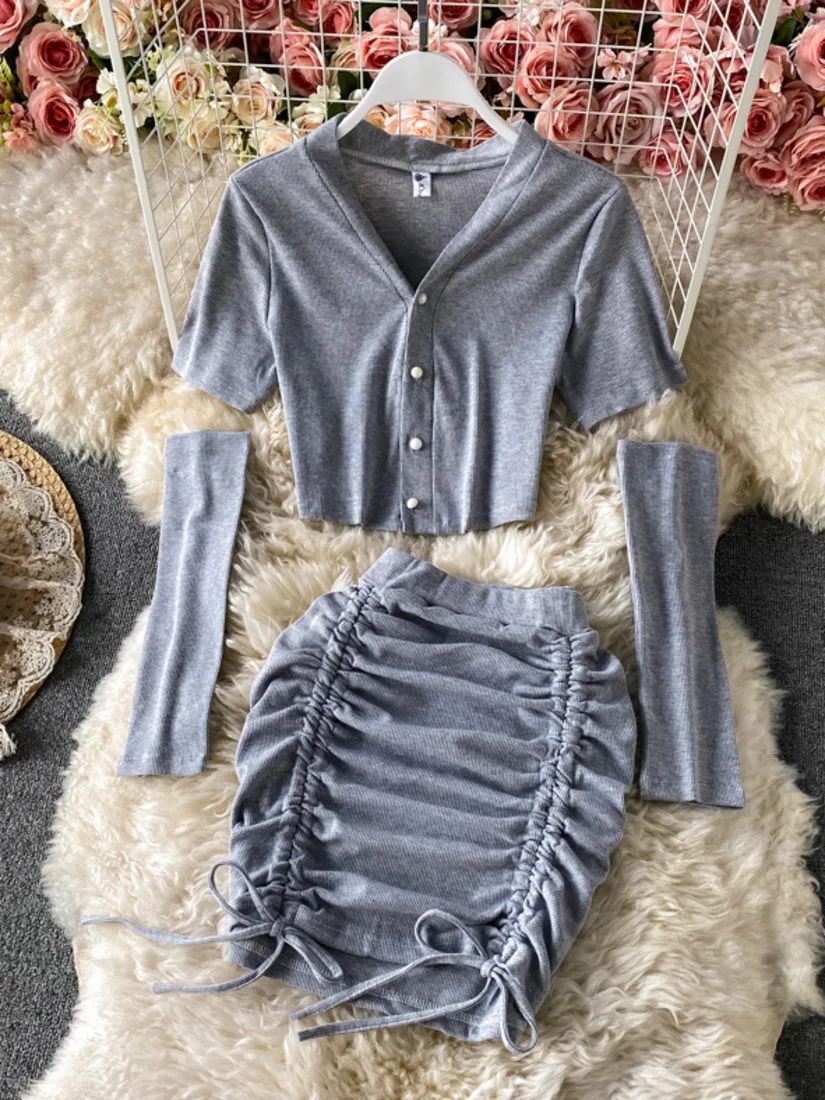 

2021 Summer Women Two Piece Set V-neck Removable Sleeve Cropped Top + Drawstring Ruched Mini Skirt Suits Women's Clothing Sets