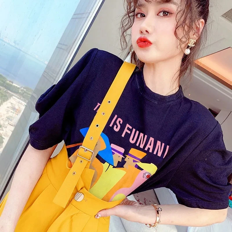 

Summer Young Style Solid two piece outfits Lovely O-Neck Puff Sleeve top+Button overalls pant Casual loose plus size sets