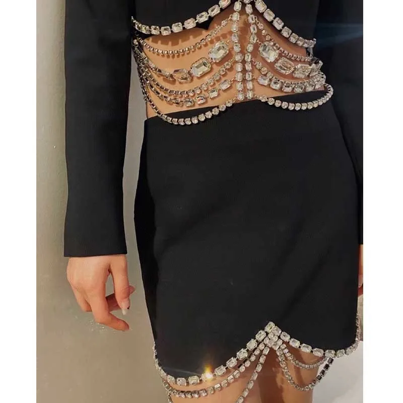 

Cosmicchic 2 Pieces Set Women Cropped Blazer Short Skirt Suit Shoulder Pad Rhinestone Chain Chic Lady Outfits Women Suit 2021