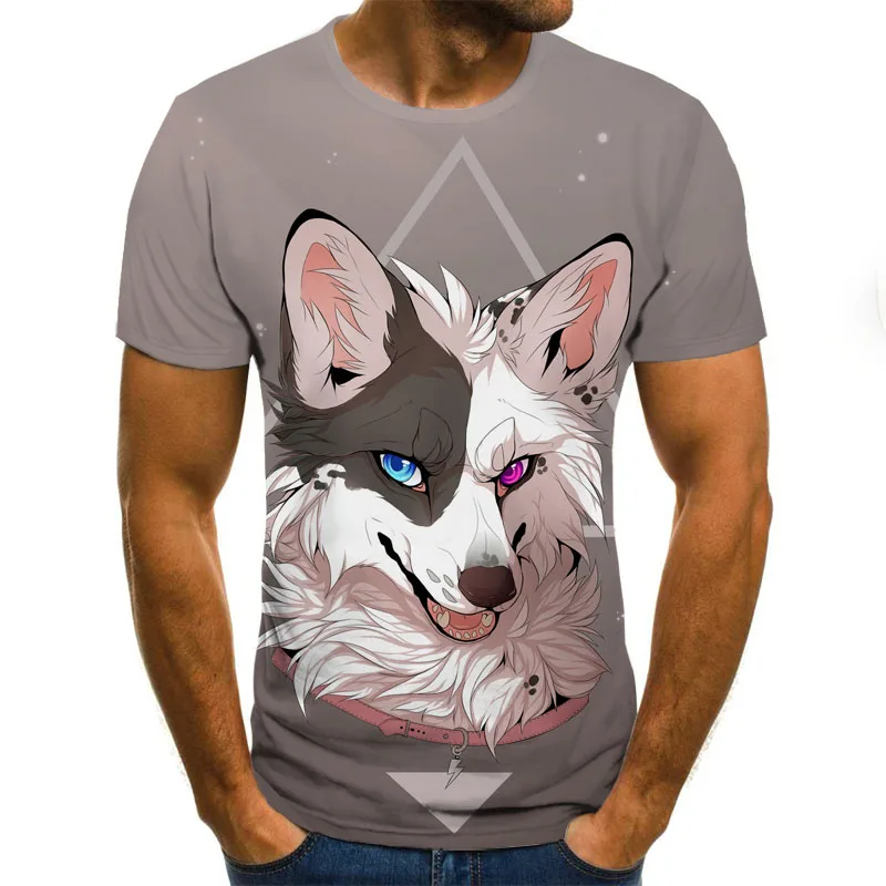 

Summer New Men's Hand Painted Wolf Shirt Fun O-Neck T-Shirt Hip Hop Clothing Short-Sleeve T-Shirt Street Clothing Printed Tops