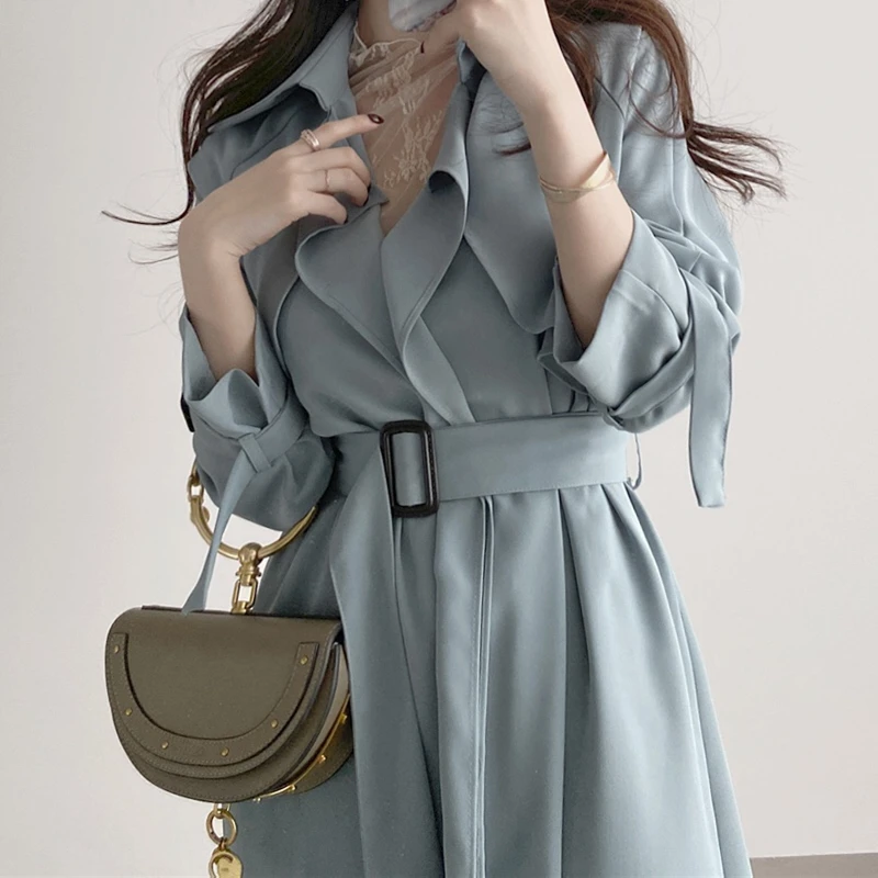 

Женский длинный тонкий Тренч с поясом, свободная офисная ветровка с отложным воротником и оборками в винтажном Корейском стиле