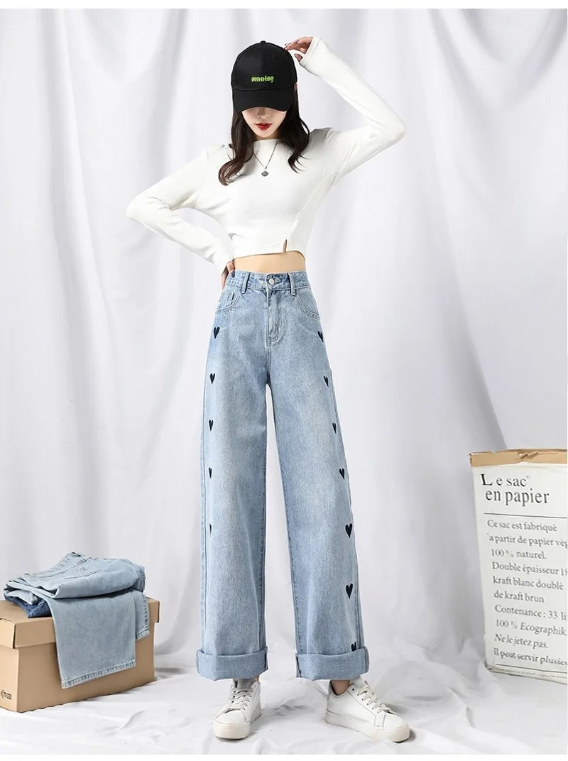 

Love High-waist Straight-leg Jeans Women's New Fashion Pocket Trousers Loose Wide-leg Pants Slimming Embroidered Trousers 2021