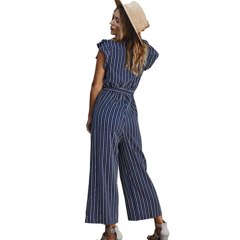 

Striped Wide Leg Jumpsuit Women Summer 2020 Elegant Casual V neck Butterfly Sleeve Bandage Jumpsuits For Women