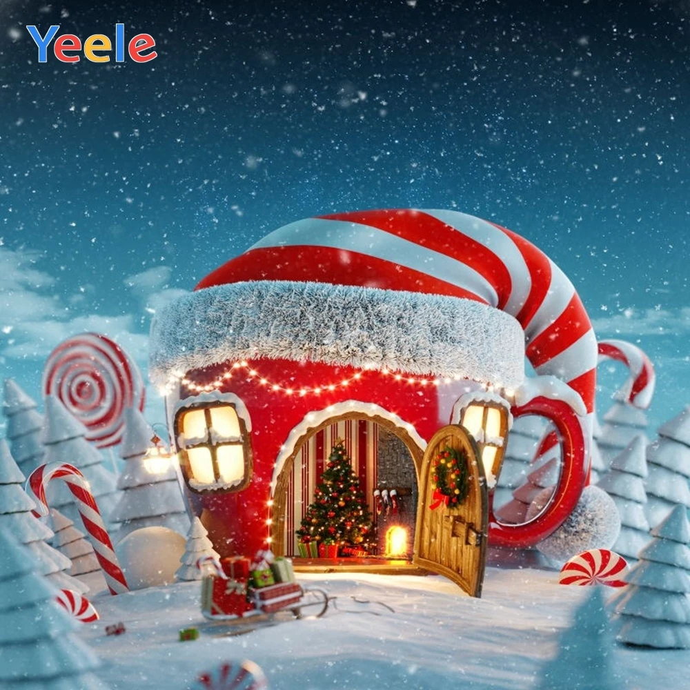 Рождественский фон Yeele Зимний снег сказка конфеты торт дом камин страна чудес