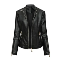 lady leather jacket coat zipper thin waist type spring autumn solis color faux leather windproof slim lady coat for daily wear