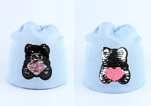 bear blue Зимняя шапка для маленьких девочек, зимняя шапка с рисунком медведя, забавная шапка с пайетками, двухслойная теплая вязаная шапка со стразами, шапочки - Цвет: bear blue