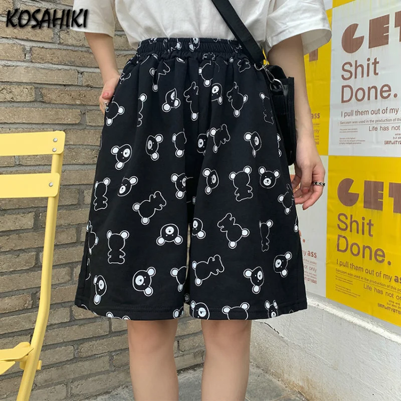 

KOSAHIKI High Waisted Cartoon Bear Print Y2k Korean Ulzzang Fashion Casual Summer Shorts for Girl Wide Leg Loose Short Women
