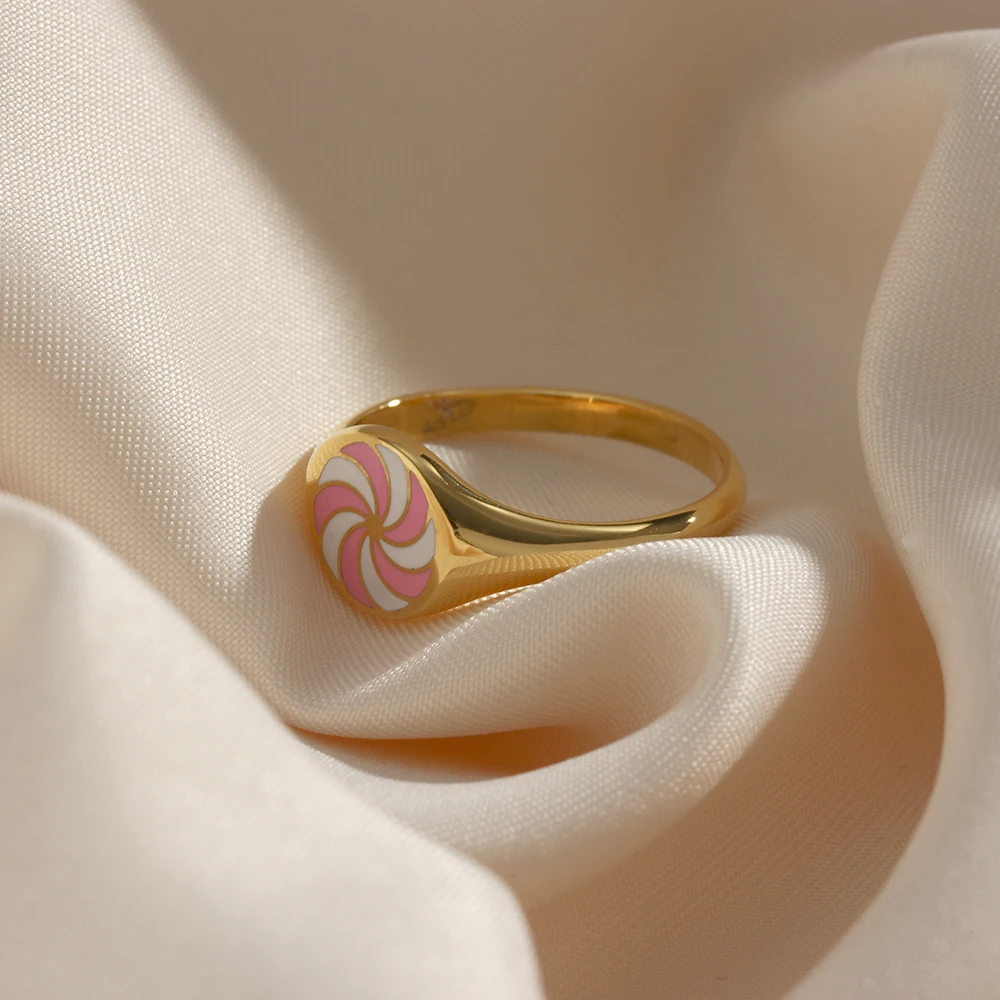 

Tranish Free Stainless Steel Enamel Green Blue Pink Sweet Colorful Lollipop Ring Women's 18K Gold Plated Windmill Pattern Ring
