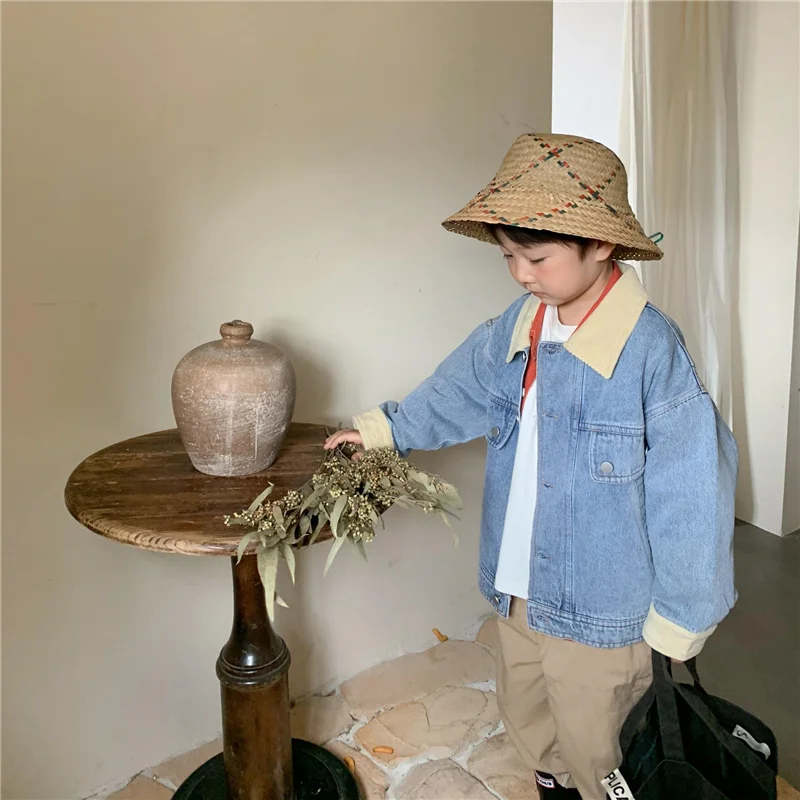 

Korean style boys spring autumn corduroy turn-down collar denim jackets kids patchwork soft loose coats outwears