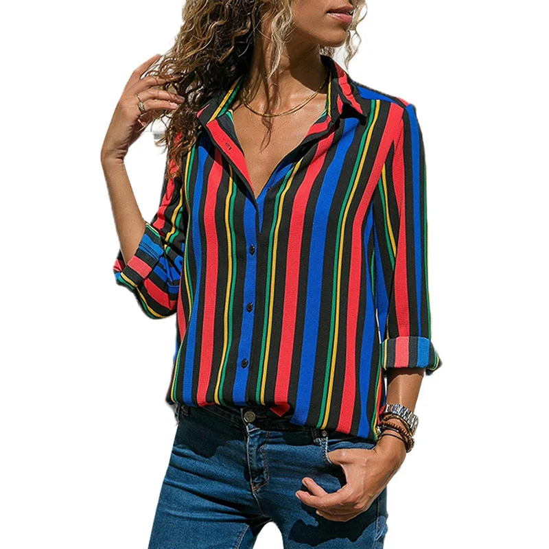

2021 Fashion New Product Shirt Women Vertical Stripe Print Pattern Lapel Single-Breasted Blouse Casual Long Sleeve Ladies Tops
