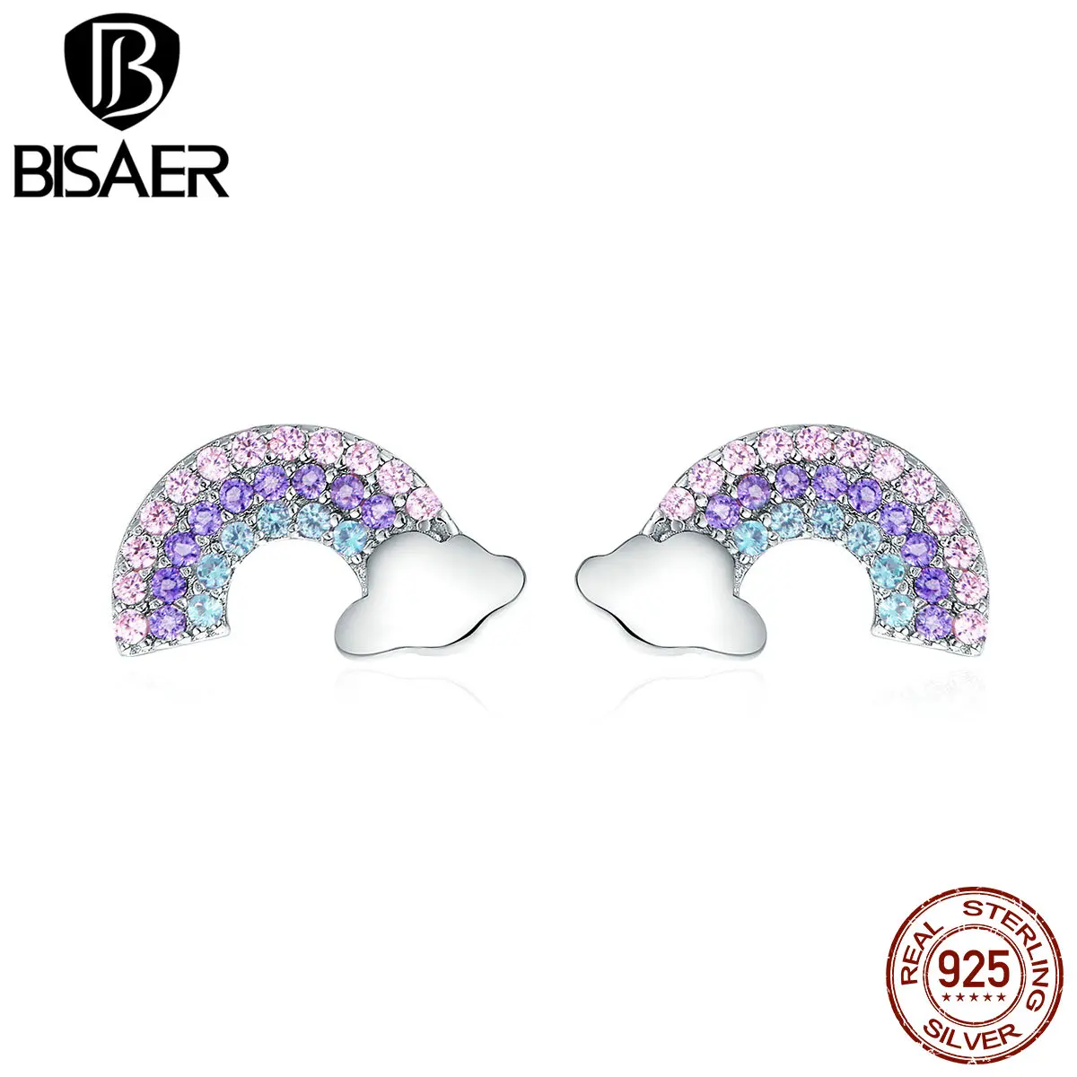 BISAER, трендовые 925 пробы, серебряные, розовые, радужные, маленькие серьги-гвоздики, дешевые женские серьги, Стерлинговое Серебро, Brincos, ювелирное изделие ECE578