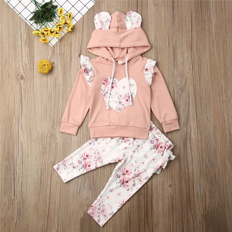 

2PCS Baby Girl Flowers 3D Ear Hoodies Top Sweatshirt Ruffle Pants Clothes Outfit Set 0-24M