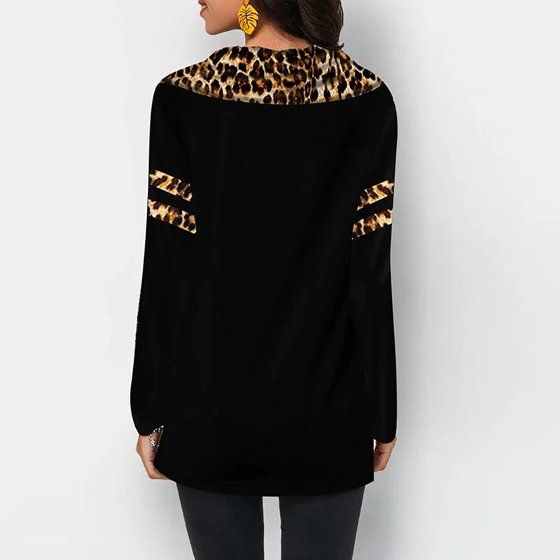 

Lotus Leaf Collar Long Sleeve Buttons Leopard Print Stitching Women's T-shirt Spring Autumn Contrast Color Irregular Ladies Top
