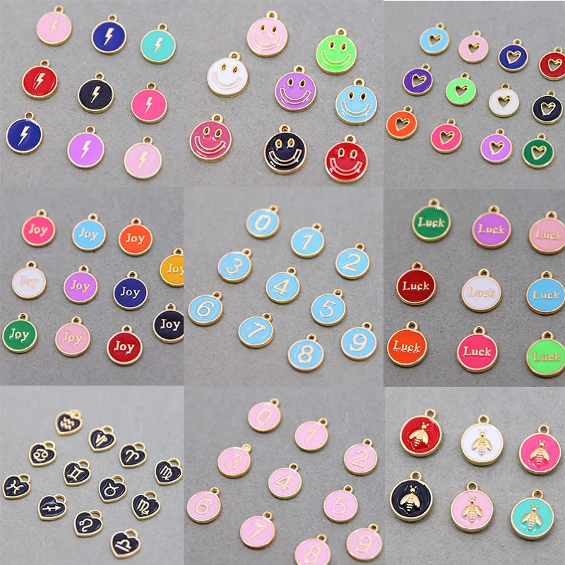 10pcs 12*15mm Round Number Smiley Face Heart Shaped LUCK Enamel Mini Charm Suitable for DIY Necklace Bracelet Jewelry Accessori - купить по
