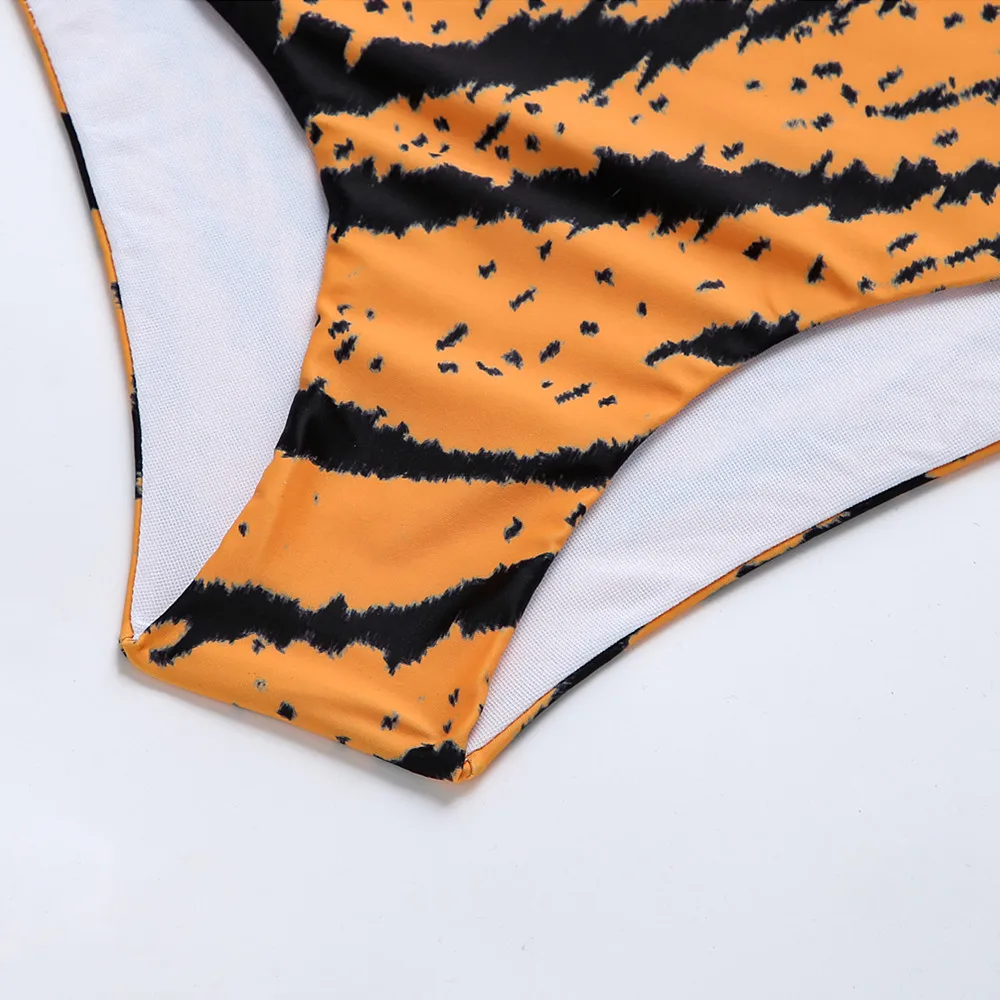 

Mesh Swimsuit Women Tiger Print Bikini Long Sleeves Swimwear Female High Waist Bikini Set One Shoulder Bathing Suits Woman 2021