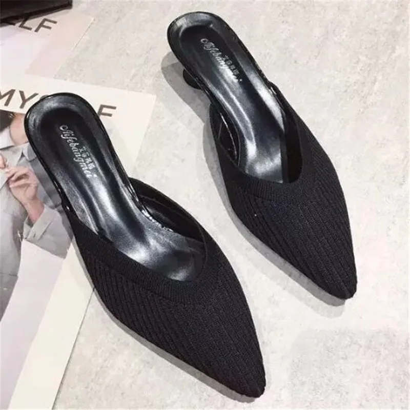 

Knitted Elastic Mesh slippers women Summer shoes women Fashion Pointed Toe Slides Spike Heels Beige Mules female shoes N6-31
