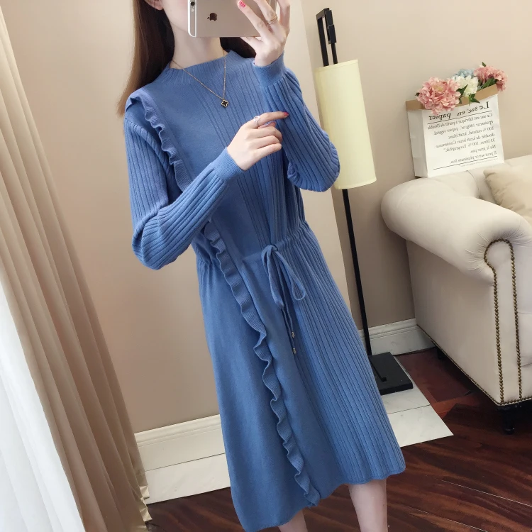 

2019 Autum and winter soft long Knitdress sweater pullover style women fall over the knee long jersey dress loose base sweater