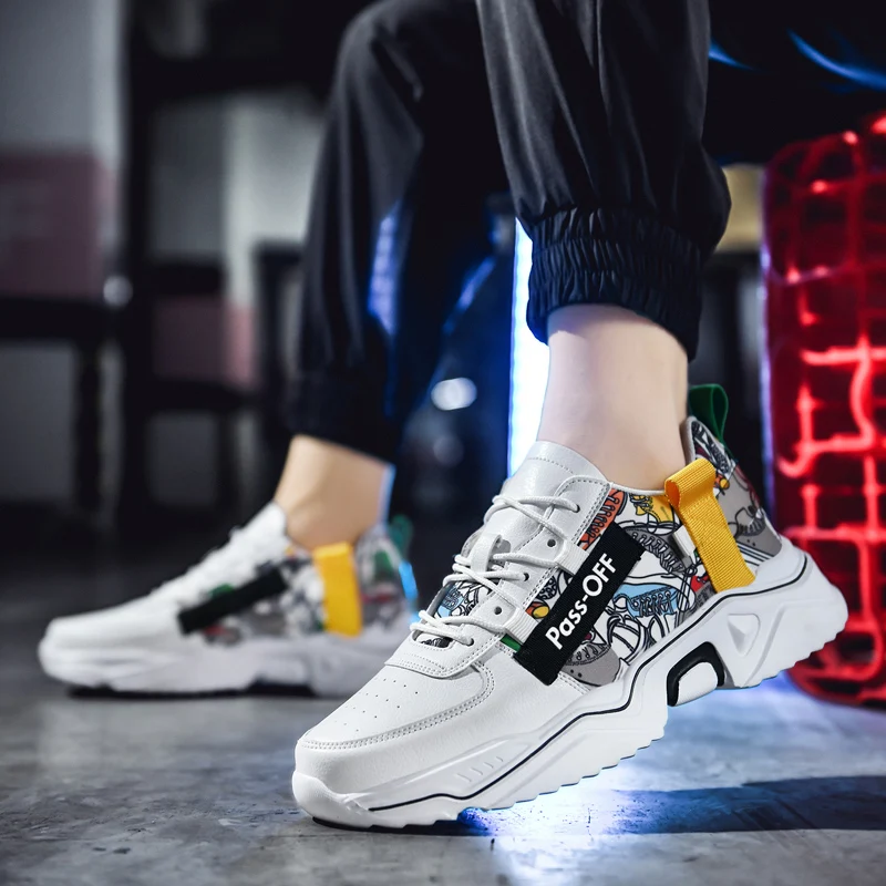 

2021 Casual Board Shoes Height Lncreasing Young Fashion Street Trend Comfortable Joker Simple Lace-up Graffiti Low Breathable