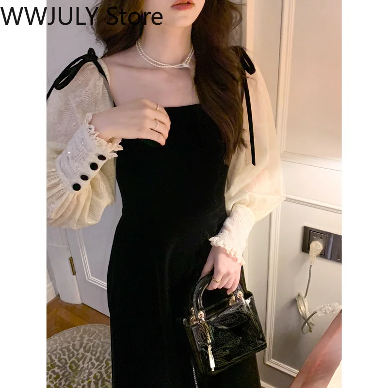 2022 Spring Black Velvet Dress Women Square Collar Vintage One Piece Dress Korean Office Lady Elegant Midi Dress Party Evening