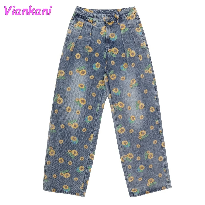 

Loose Jeans Woman Plus Size High Waist Denim Pants 2021 New Flower Vintage Pleated Washed Full Length Wide Leg pants Trousers