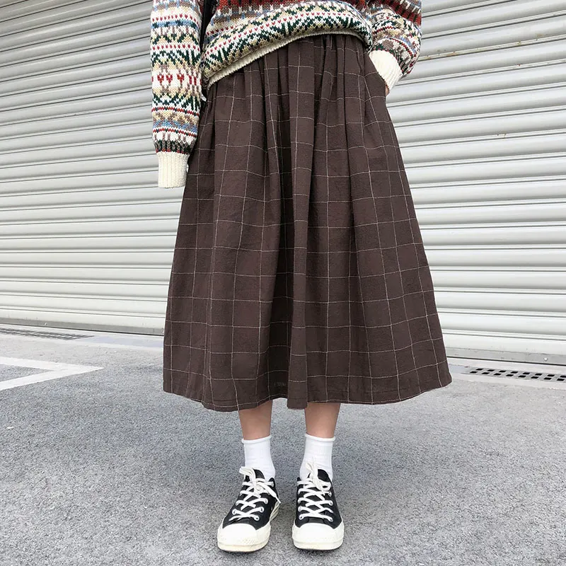 

2 colors japanese style high elastic waist Long Skirts Woman 2019 autumn winter plaid A-line pleated Skirts womens (X1078)