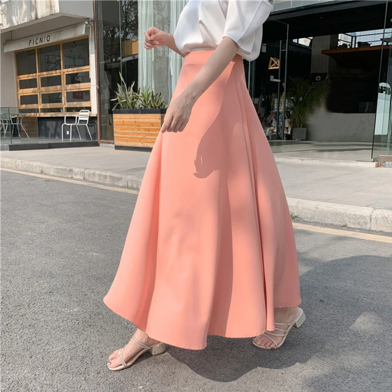 

2020 Women's Korean Style Office lady Skirts Spring Fall Casual Solid High Waist A-Line Satin Femme Skirts
