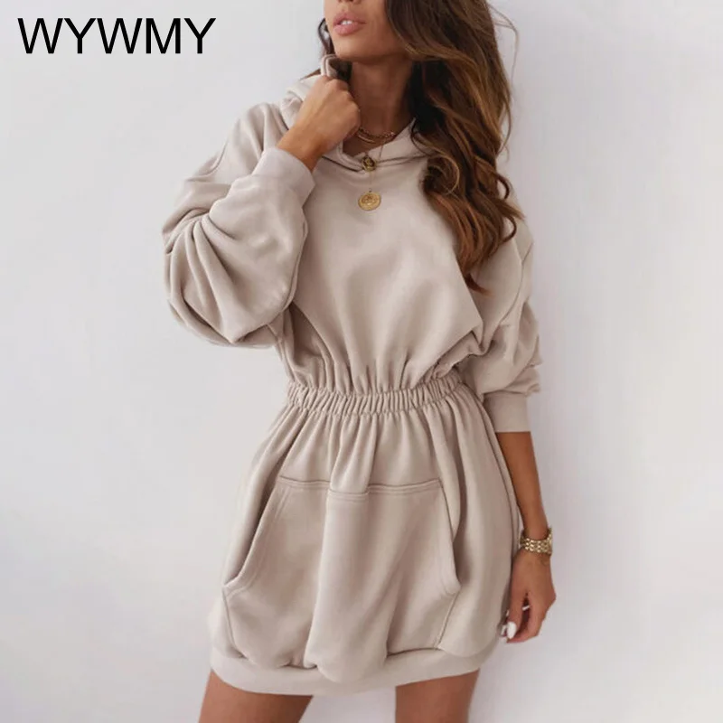 Однотонные толстовки WYWMY женское платье свитшоты с длинным рукавом уличная