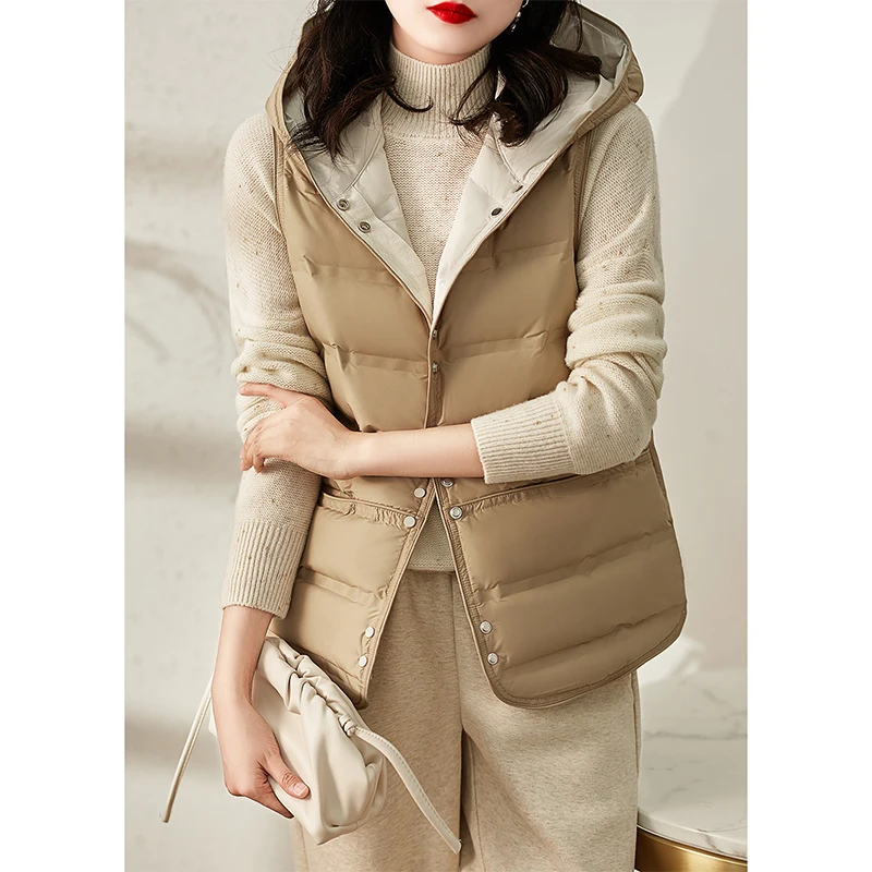 

Fitaylor New Winter Women Sleeveless Jacket Casual Hooded Buttons 90% White Duck Down Vest Coat Urltra Light Warm Down Outwear