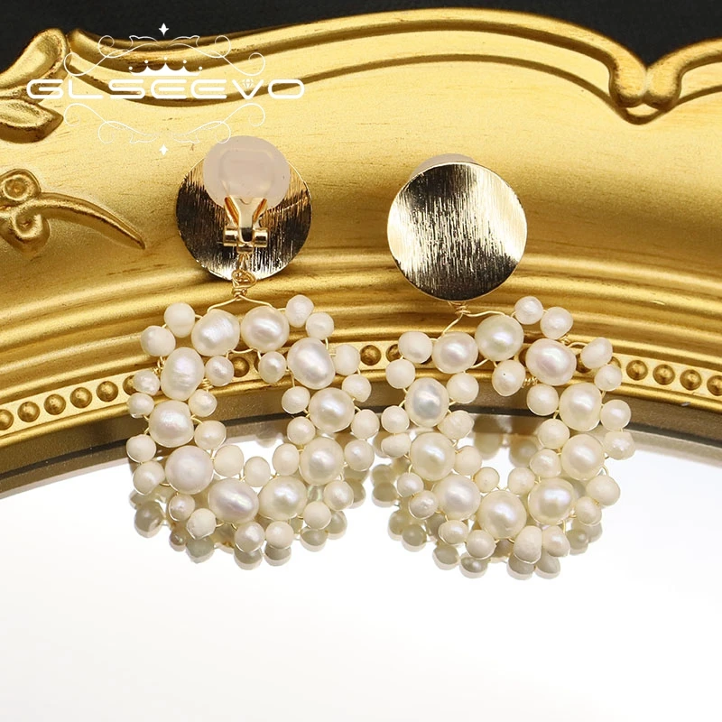 

Glseevo Natural freshwater pearls earrings for women 2021 Unusual hanging round luxury Wedding earrings ear clips GE1054