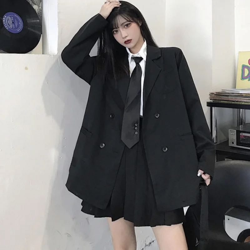 

Korean Black Suit Blazers Outerwear Long Sleeve Women Double Breasted Thin Suit Coat 2021 New Casual Office Spring Clothes Women
