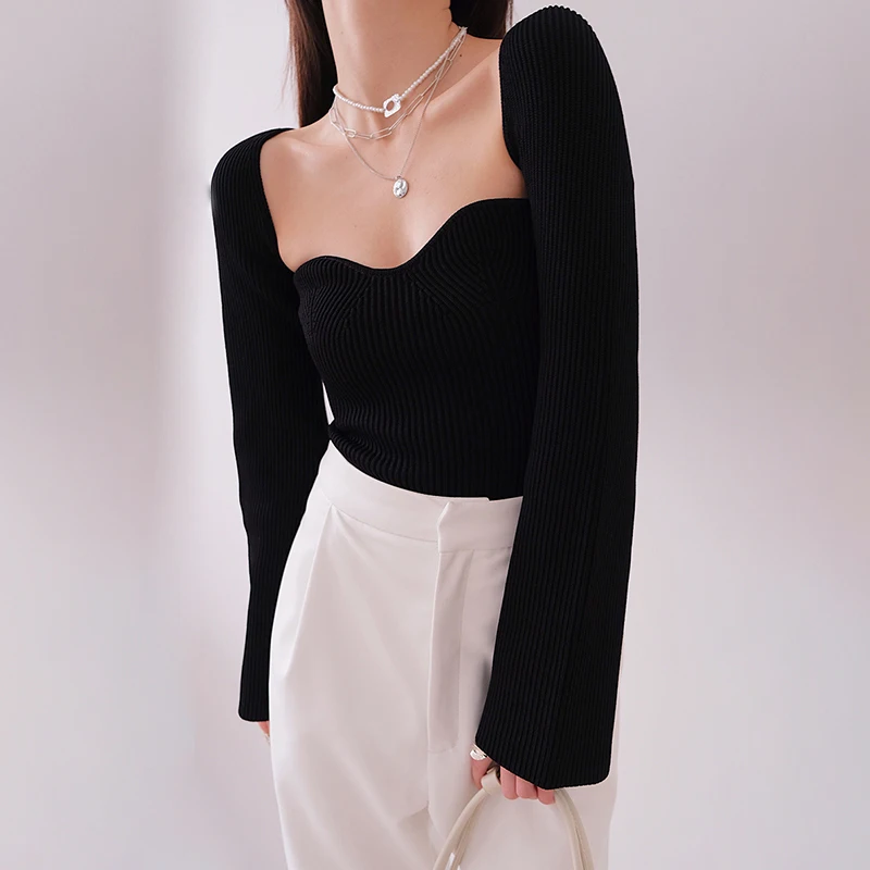 TWOTWINSTYLE Asymmetrical Sweater Knitted Tops Female Square Collar Long Sleeve Sexy Sweaters Women Fashion New 2022 Clothing | Женская