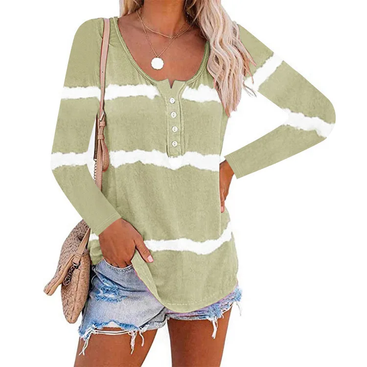 

Autumn Women Plus Size Tshirt Loose Casual Tie-dye Stripe Top Button Long Sleeve O Neck T-shirt Fashion Female Streetwear Ropa