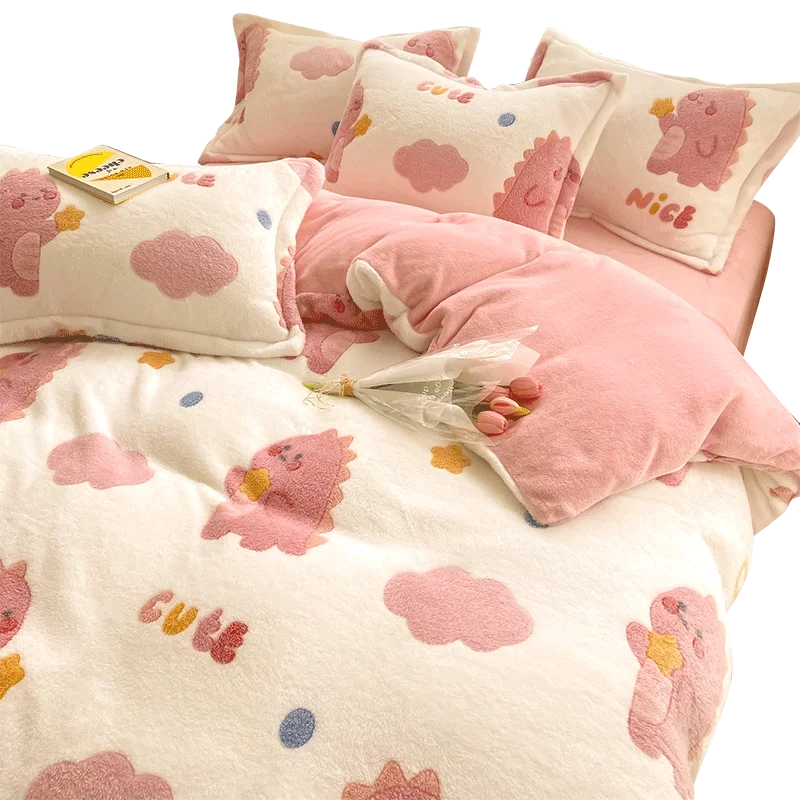 

Cartoon Coral Fleece Bedding Four-Piece Set Winter Bed Sheet Quilt Cover Flannel Milk Fiber Autumn and Winter Bed 3-Piece Set