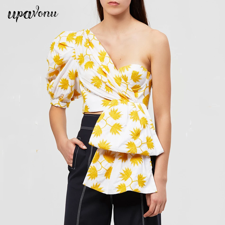 

UpAvonu 2020 Fashion New Summer Print Shirt Ladies Shoulder Bubble Short Sleeve Backless Irregular Short Top Sexy Nightclub Part