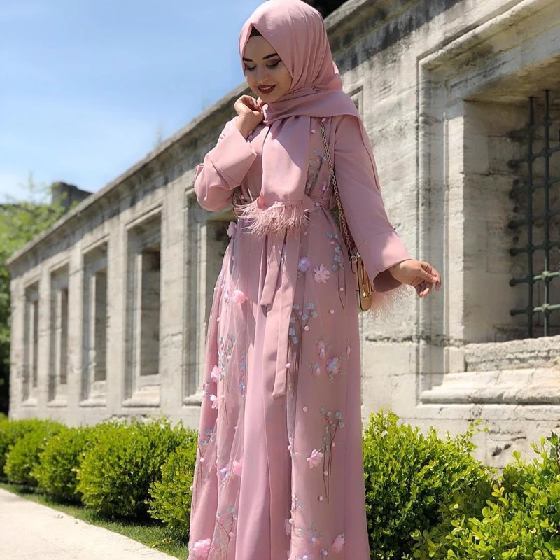 Женское платье абайя тонкое однотонное Макси-кардиган с цветочной вышивкой и